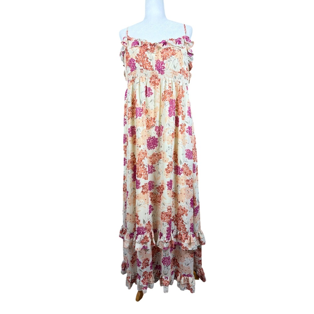 Elle Maxi Dress Womens XL Jolie Provence Floral Ruffle Smocked Cream NEW